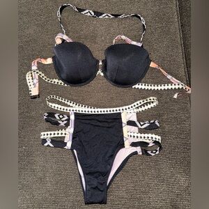 Victoria’s Secret highwaisted Black Strappy Bikini Set with Geometric Pattern